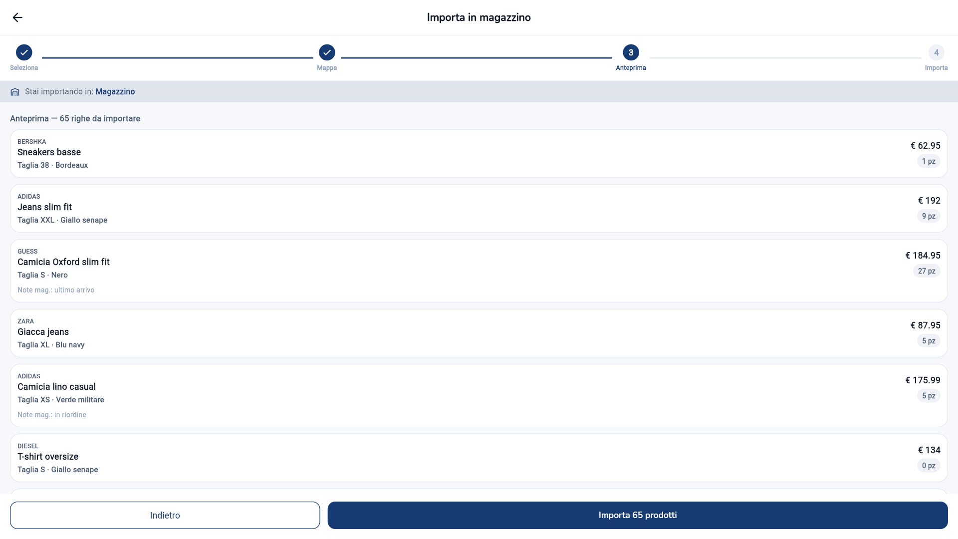 Il riepilogo dell'import